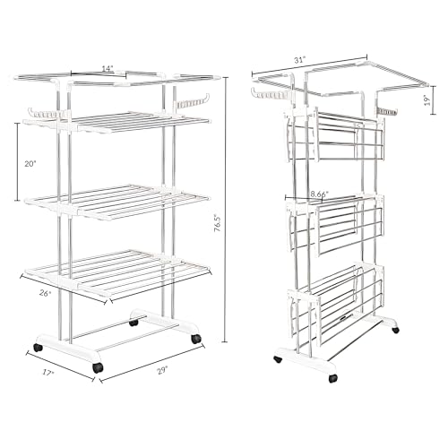H Houseware Foldable Clothes Drying Stand | 4-Tier Stainless Steel Heavy-Duty Laundry Rack with Wheels & Hanger Slots | Rust-Proof Clothes Dryer for Indoor & Outdoor Balcony Use(White) - Image 2