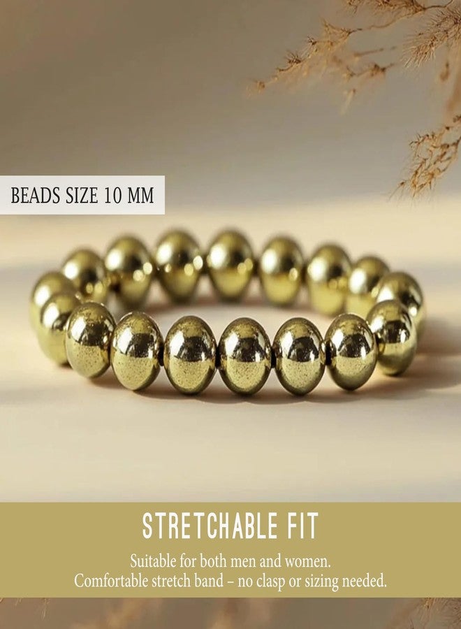 SMIZE Natural Pyrite Beaded Bracelet 10mm for Men & Women | Unisex Protection & Confidence Crystal Jewelry | Handmade Elastic Energy Stone Bracelet | Golden Healing Gemstone Accessory - Image 5