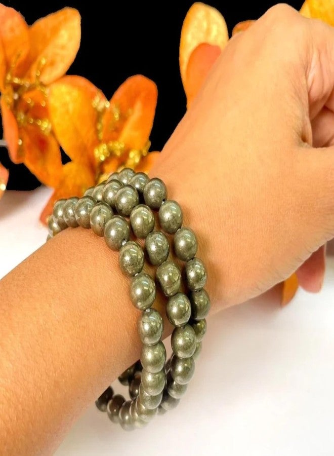 SMIZE Natural Pyrite Beaded Bracelet 10mm for Men & Women | Unisex Protection & Confidence Crystal Jewelry | Handmade Elastic Energy Stone Bracelet | Golden Healing Gemstone Accessory - Image 3