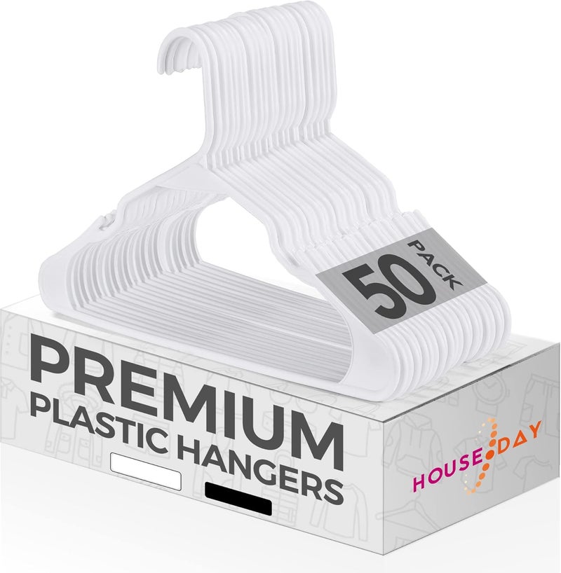 HOUSE DAY Strong White Plastic Coat Hangers 50 pack 16.5" / 42cm wide, Fit for Adult, Children above 10, Odourless Package, with Convenient Hooks - Image 1