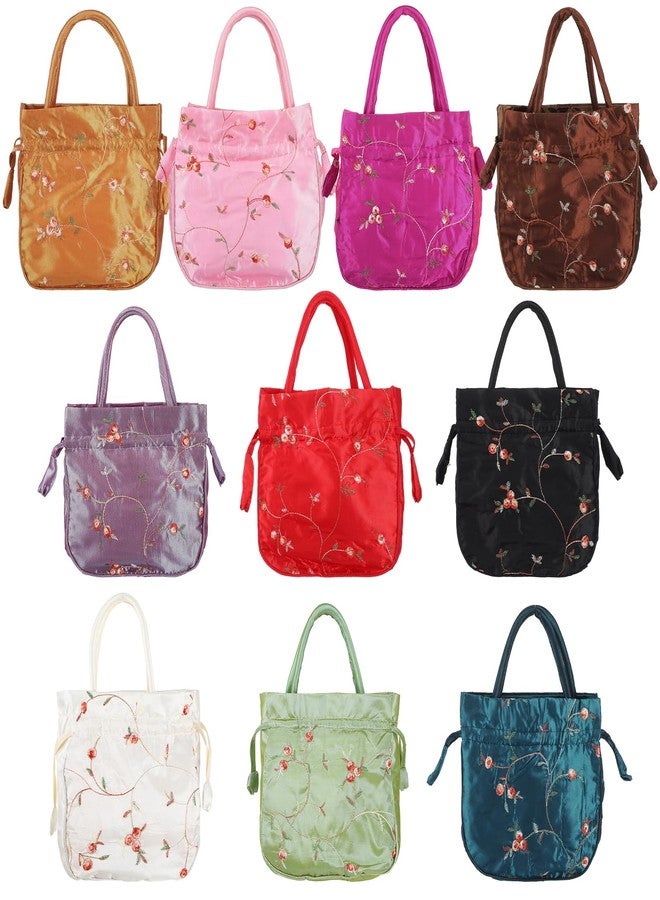 Lemecima 10 Pcs Large Silk Brocade Drawstring Jewelry Pouch Bag, 8.3x7.9x2.4 Inch Retro Embroidery Gift Bags with Handles for Wedding Party Presents, Jewelry, Candy & Snacks Storage - Image 1