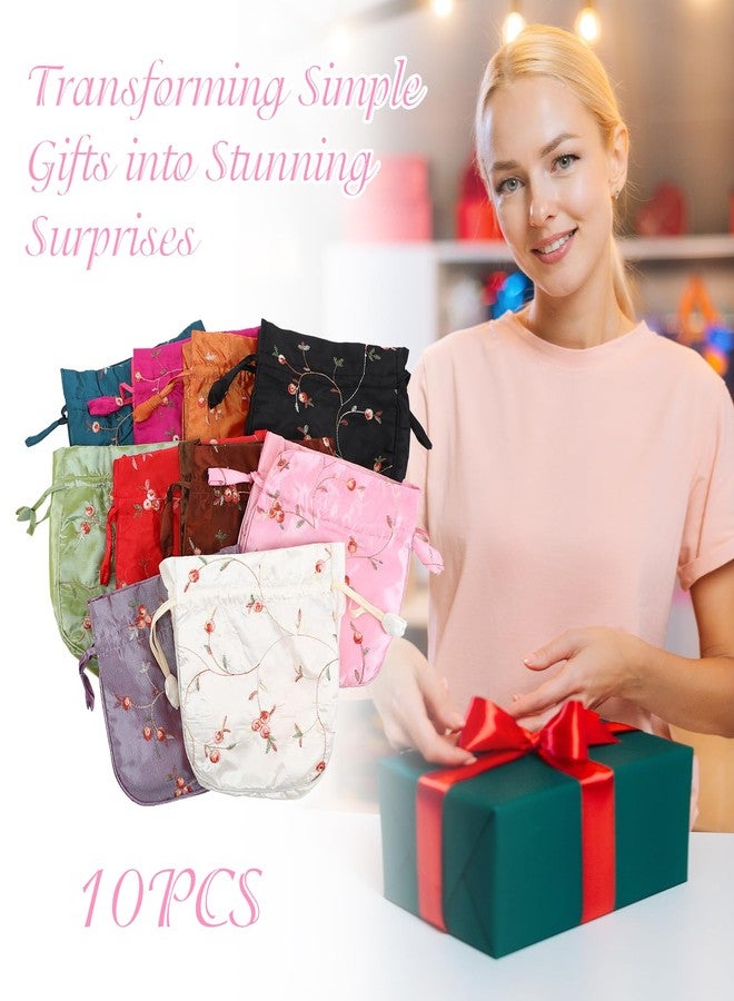 Lemecima 10 Pcs Large Silk Brocade Drawstring Jewelry Pouch Bag, 8.3x7.9x2.4 Inch Retro Embroidery Gift Bags with Handles for Wedding Party Presents, Jewelry, Candy & Snacks Storage - Image 5
