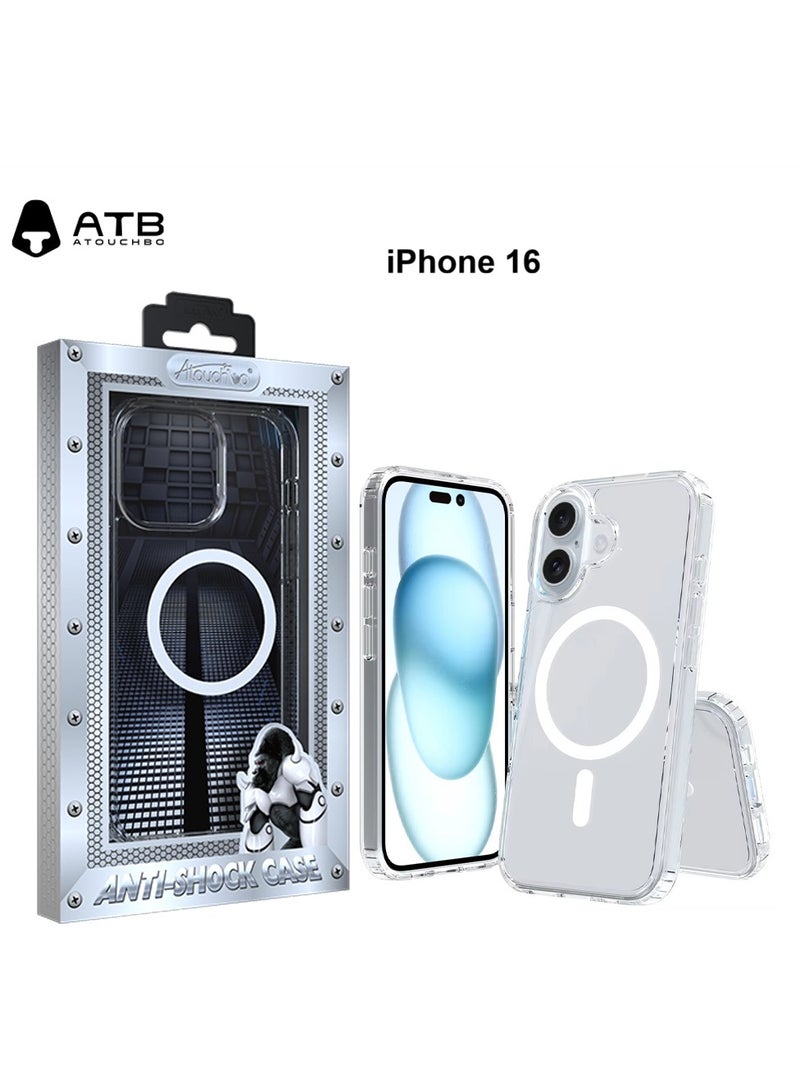 Atouchbo iPhone 16 Clear shockproof case with built-in magnetic ring for car mounts and magnetic holders Elegant lightweight cover with anti-yellowing protection. A premium clear phone case made of soft TPU and hard PC for strong protection against drops, bumps, and scratches. Comes with a magnetic ring holder, allowing perfect compatibility with magnetic car mounts and stands. Anti-yellowing coating keeps the case crystal clear for a long time. - Image 1