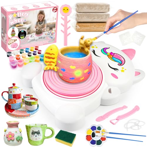 Rhybor Pottery Wheel Kit for Kids with Glow Paints, Complete Pottery Arts Crafts Toys for Girls 8-12, Art Supplies for Kids 6 7 8 9 10 11 12 Toys Girls Birthday with Drawing Molds Tablecloth Air Dry Clay - Image 1