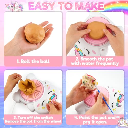 Rhybor Pottery Wheel Kit for Kids with Glow Paints, Complete Pottery Arts Crafts Toys for Girls 8-12, Art Supplies for Kids 6 7 8 9 10 11 12 Toys Girls Birthday with Drawing Molds Tablecloth Air Dry Clay - Image 5