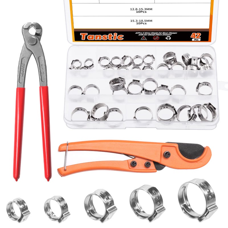 Tanstic 42Pcs 9 inch Ear Clamp Pliers with 5 Sizes 304 Stainless Steel Single Ear Hose Clamps and PEX Tube Cutter Pincer Crimper Tool Ear Clamp Pliers Crimper Nail Puller