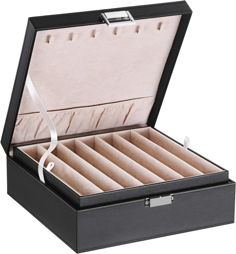 BEWISHOME Necklace Organizer Box Necklace Storage Organizer for Chains Bracelets  12 Compartments 7 regular  5 large 6 Hooks 2 Layers  Jewelry Box for Women GirlsBlack SSH31B