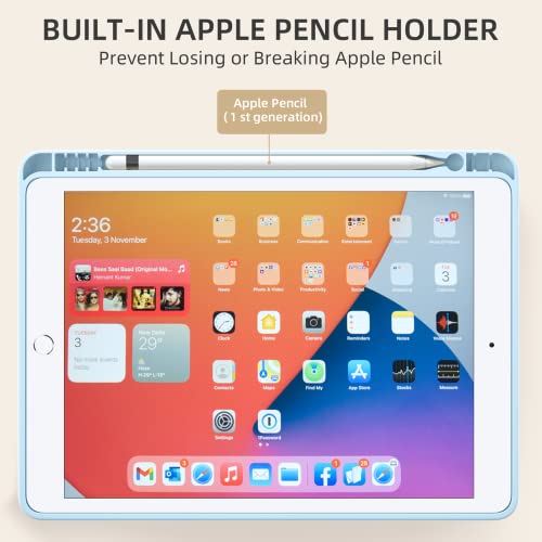 Akkerds Case Compatible with iPad 10.2 Inch 2021/2020/2019, for iPad 9th/8th/7th Generation Case with Pencil Holder, Protective with Soft TPU Back, Auto Sleep/Wake Cover, Sky Blue - Image 4