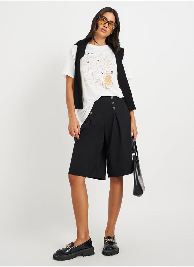 Take Two Solid Button Adorned Pleated Regular Fit Shorts  - Image 1