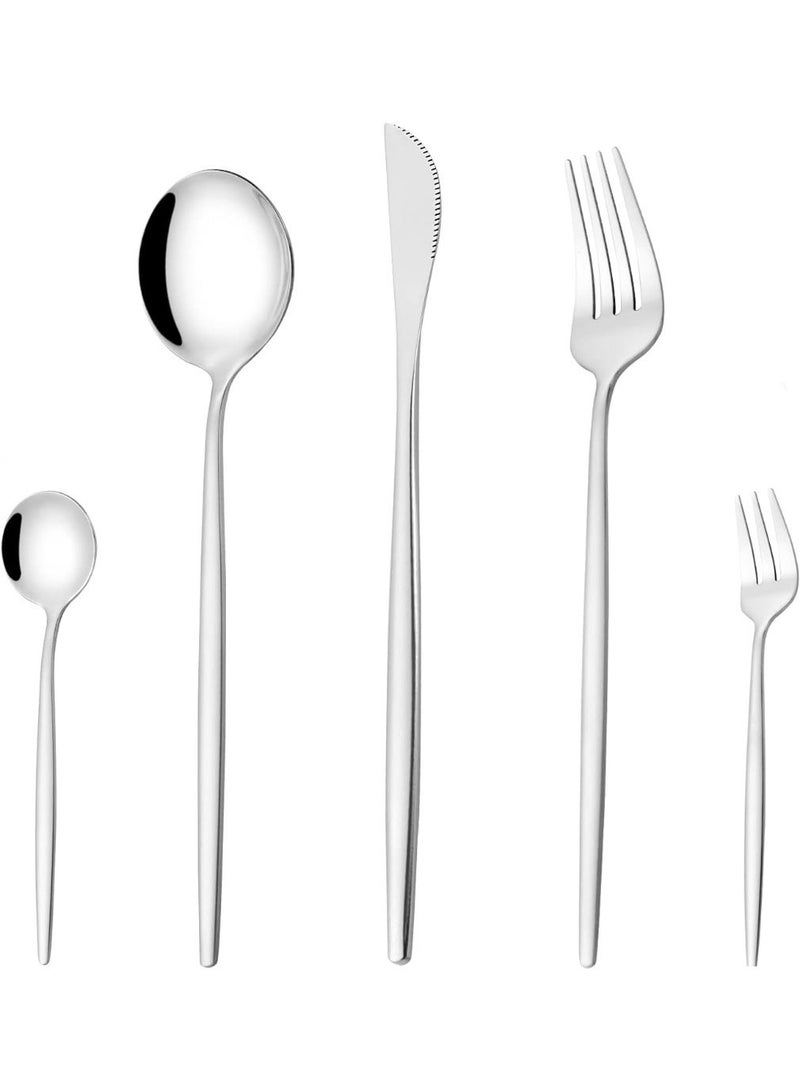 Mirror Modern Flatware Set for 4, 20-Piece Stainless Steel Silverware Set, Unique Utensils with Long Forks Spoons and Knives Sets, Great for Home and Restaurant, Dishwasher Safe - Silver - Image 1