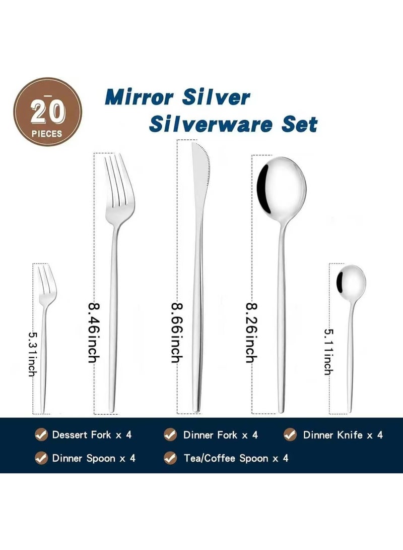 Mirror Modern Flatware Set for 4, 20-Piece Stainless Steel Silverware Set, Unique Utensils with Long Forks Spoons and Knives Sets, Great for Home and Restaurant, Dishwasher Safe - Silver - Image 5