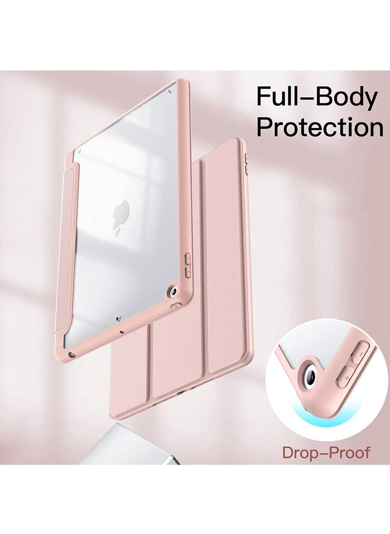 روك بو - حافظة لجهاز iPad مقاس 10.2 بوصة (الجيل التاسع/الثامن/السابع 2021/2020/2019) مع حامل قلم شفاف وغطاء خلفي شفاف وحامل رفيع وغطاء لوحي مقاوم للصدمات مع خاصية الاستيقاظ/السكون التلقائي - Image 1