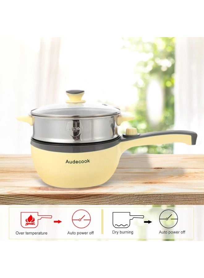 Audecook Electric Hot Pot with Steamer, 1.5L/20cm Multi-Functional Cooker Non-Stick Frying Pan Portable Electric Skillet for Dorm Office for Ramen, Steak, Saute and Steam - Image 2