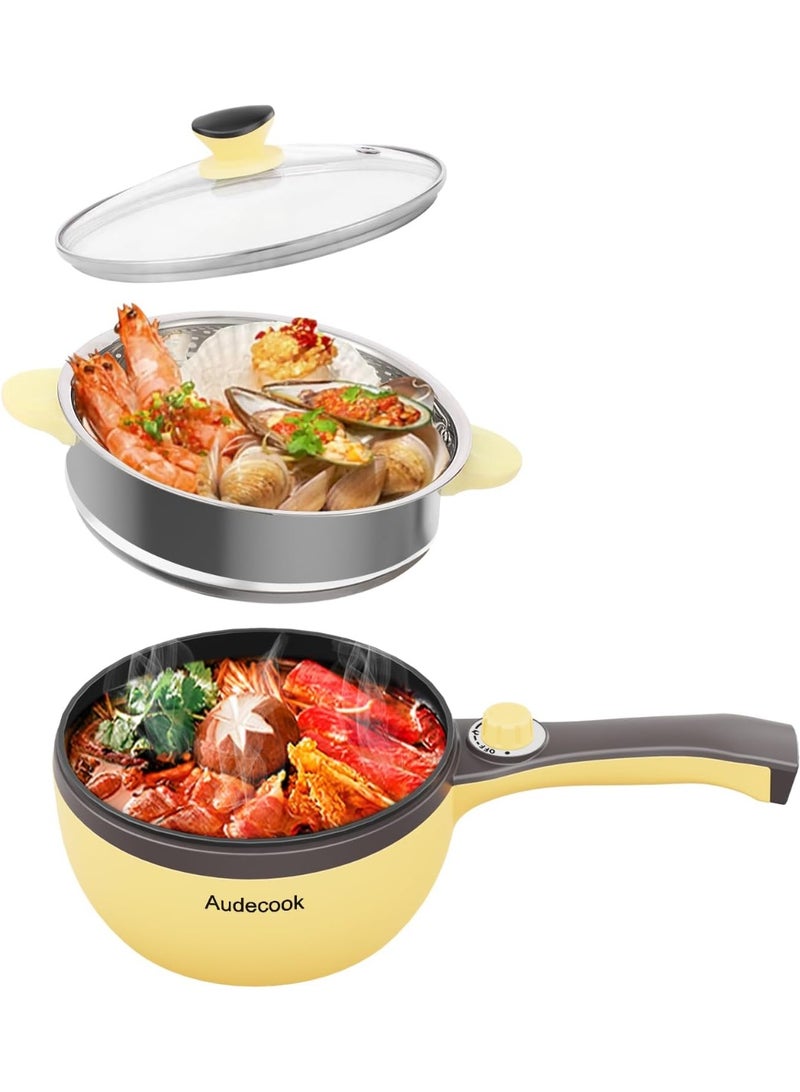 Audecook Electric Hot Pot with Steamer, 1.5L/20cm Multi-Functional Cooker Non-Stick Frying Pan Portable Electric Skillet for Dorm Office for Ramen, Steak, Saute and Steam - Image 1