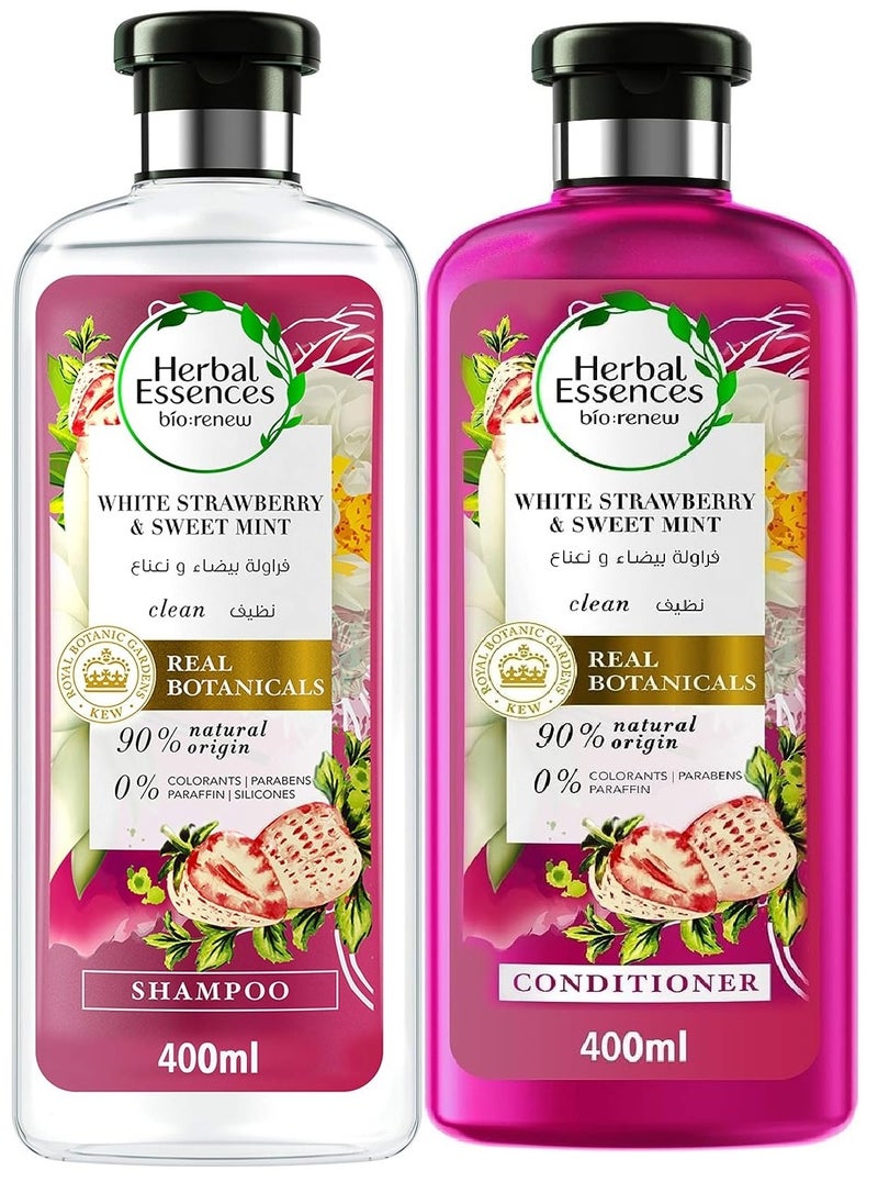 Herbal Essences Renew Natural Shampoo and Conditioner with White Strawberry and Sweet Mint for Hair Volume 400ml pack of 2  - Image 1