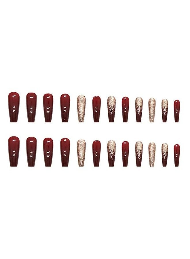 TREXEE Gold Glitter Wine Red Fake Nails Stick on Sparkling Enhancement Medium False Fingernail Bridal Festival New Year Wearing Nail Ins Style (24 PCS) - Image 3