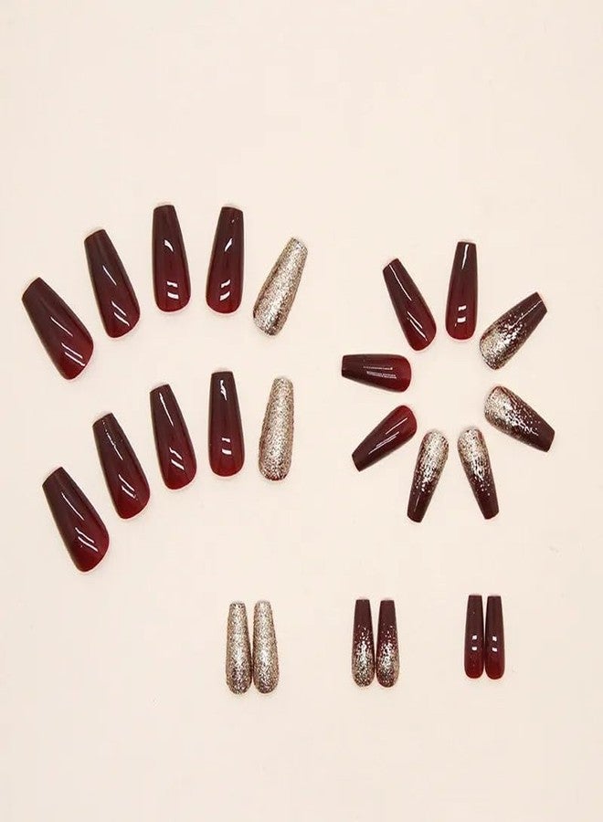 TREXEE Gold Glitter Wine Red Fake Nails Stick on Sparkling Enhancement Medium False Fingernail Bridal Festival New Year Wearing Nail Ins Style (24 PCS) - Image 4