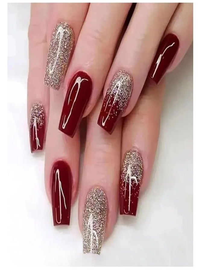 TREXEE Gold Glitter Wine Red Fake Nails Stick on Sparkling Enhancement Medium False Fingernail Bridal Festival New Year Wearing Nail Ins Style (24 PCS) - Image 2