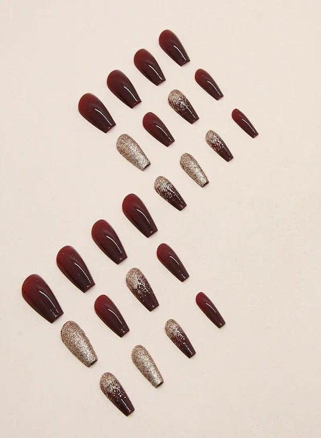 TREXEE Gold Glitter Wine Red Fake Nails Stick on Sparkling Enhancement Medium False Fingernail Bridal Festival New Year Wearing Nail Ins Style (24 PCS) - Image 5