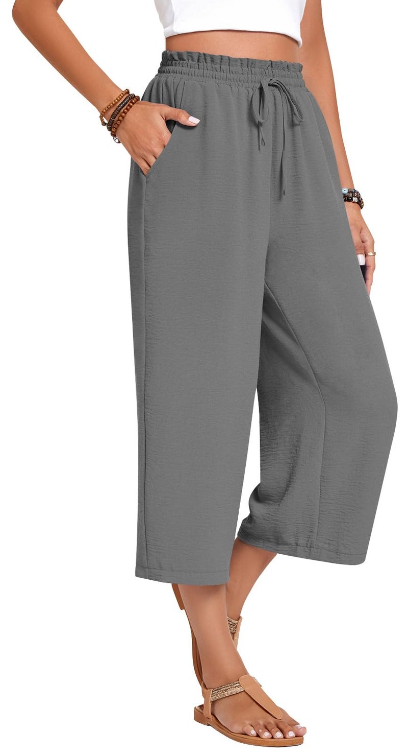 Anyhold Womens Capri Pants Loose High Waisted Wide Leg Lounge Pants Drawstring Casual Palazzo Trousers with Pockets Large, Ash Gray - Image 2