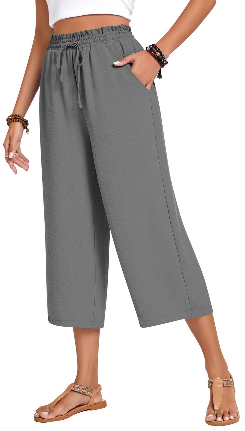 Anyhold Womens Capri Pants Loose High Waisted Wide Leg Lounge Pants Drawstring Casual Palazzo Trousers with Pockets Large, Ash Gray - Image 1