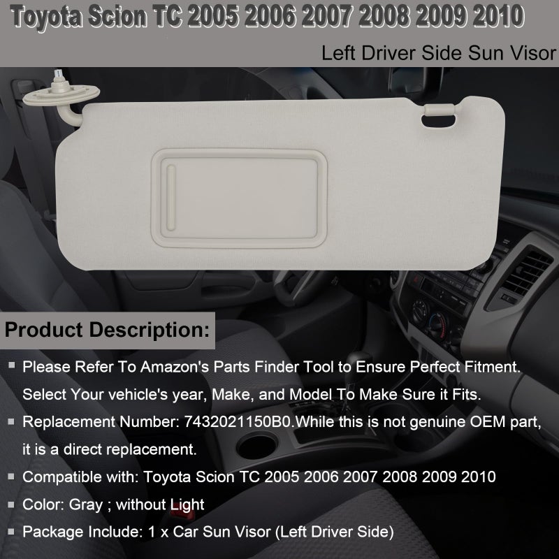 NHILES Driver Left Side Sun Visor Replacement Fits for Toyota Scion TC 2005-2010 Sunshade Without Light 7432021150B0 Color Gray - Image 2