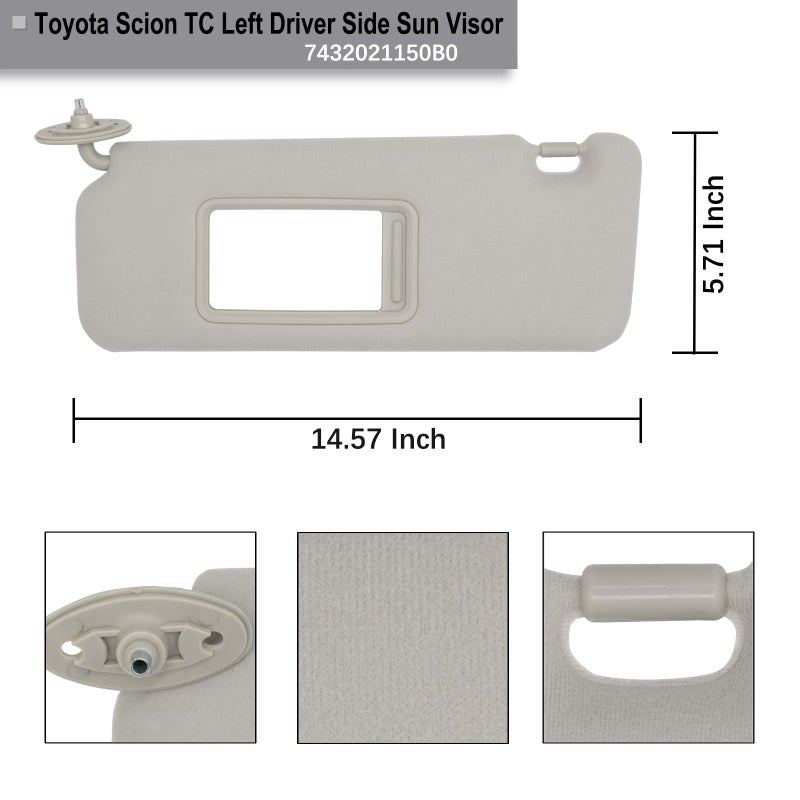 NHILES Driver Left Side Sun Visor Replacement Fits for Toyota Scion TC 2005-2010 Sunshade Without Light 7432021150B0 Color Gray - Image 4