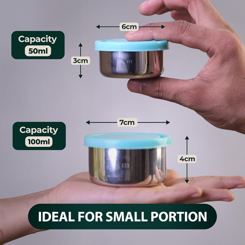 MARU Small Steel Containers, Small Tiffin Box for Chutney with Food Grade Silicone Lids, Kitchen Containers Set Steel Ideal for Chutney, Salad, Pickle - 50ml * 2 pcs & 100ml * 2 pcs, Set of 4 (Green) - Image 2