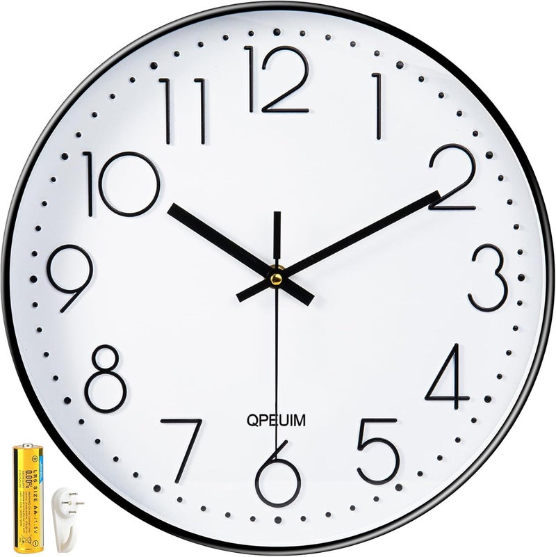 QPEUIM Wall Clock 12 Inch Wall Clocks Non-Ticking Battery Operated with Stereoscopic Dial Ultra-Quiet Movement Quartz for Office Classroom School Home Living Room Bedroom Kitchen - Image 1