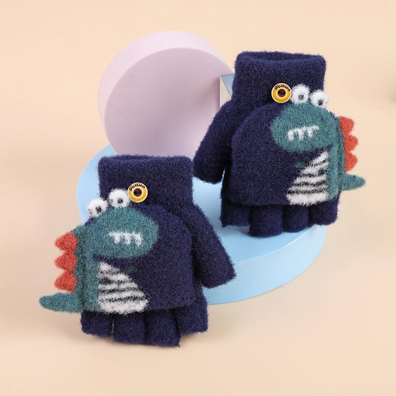 Newfancy Kids Boys Girls Dinosaur Flip Top Gloves with Mitten Cover Knitted Winter Fingerless Toddler Convertible Mittens - Image 5