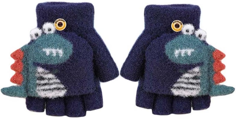 Newfancy Kids Boys Girls Dinosaur Flip Top Gloves with Mitten Cover Knitted Winter Fingerless Toddler Convertible Mittens - Image 2