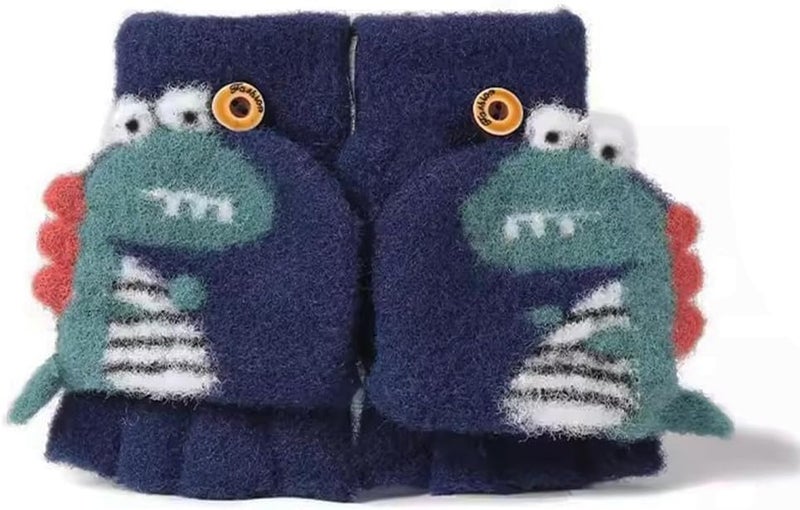 Newfancy Kids Boys Girls Dinosaur Flip Top Gloves with Mitten Cover Knitted Winter Fingerless Toddler Convertible Mittens - Image 1