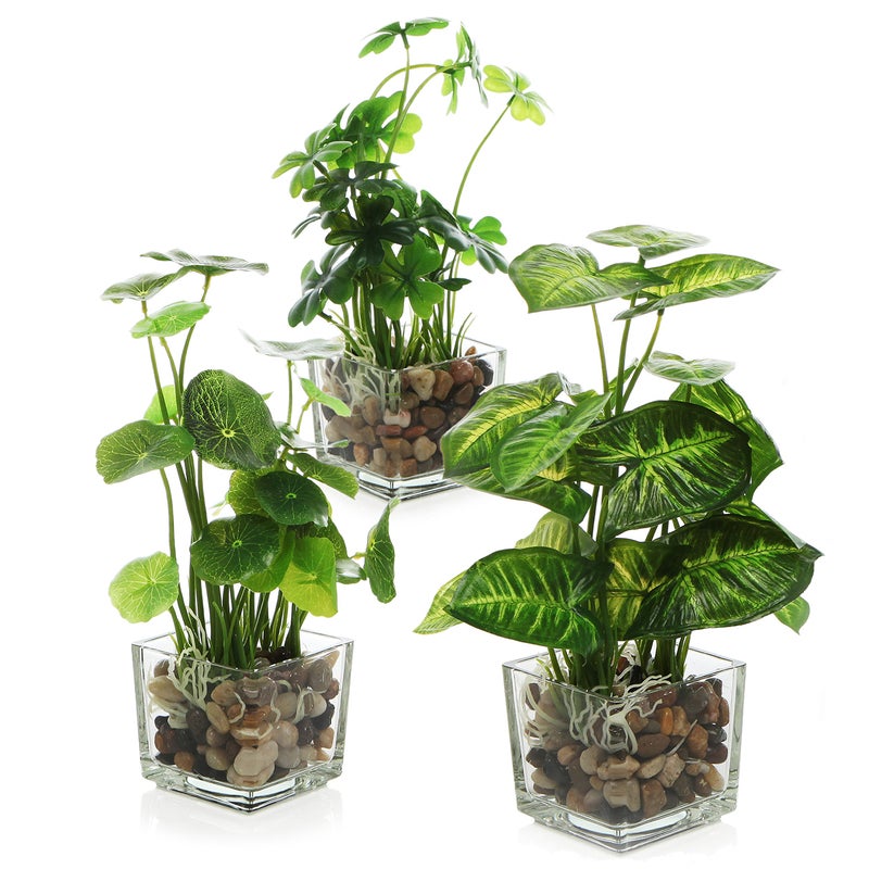 MyGift Set of 3 Fake Plants Small Artificial Potted Plants Indoor in Clear Glass Pot 95 Inch Faux Plant for Home Decor