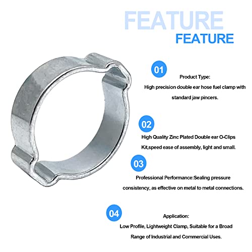 NGeGe 20pcs Adjustable 11-13mm Double Ear Hose O Clips,Two Ears Hose Clamp, Zinc-Plated Steel Double Ear Hose Clamps - Image 4