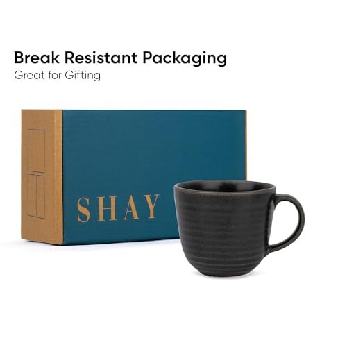 Shay Large Ceramic Coffee Mug Set of 2, Ribbed Black, 400ml | Matte Finish | Microwave Safe - Image 4