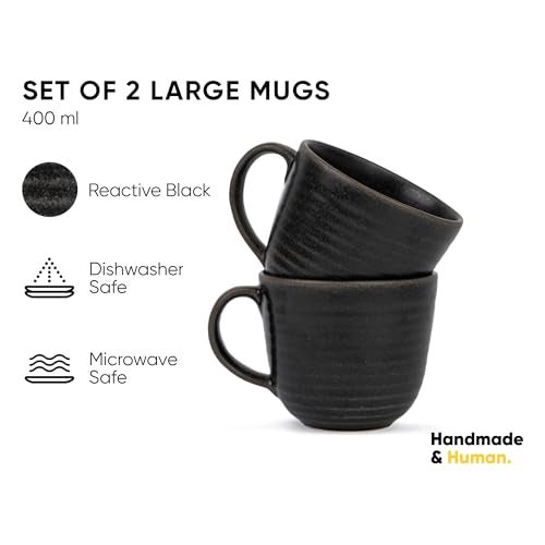 Shay Large Ceramic Coffee Mug Set of 2, Ribbed Black, 400ml | Matte Finish | Microwave Safe - Image 2