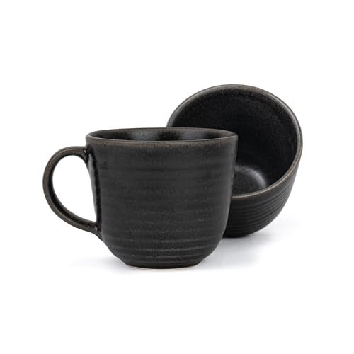 Shay Large Ceramic Coffee Mug Set of 2, Ribbed Black, 400ml | Matte Finish | Microwave Safe - Image 1