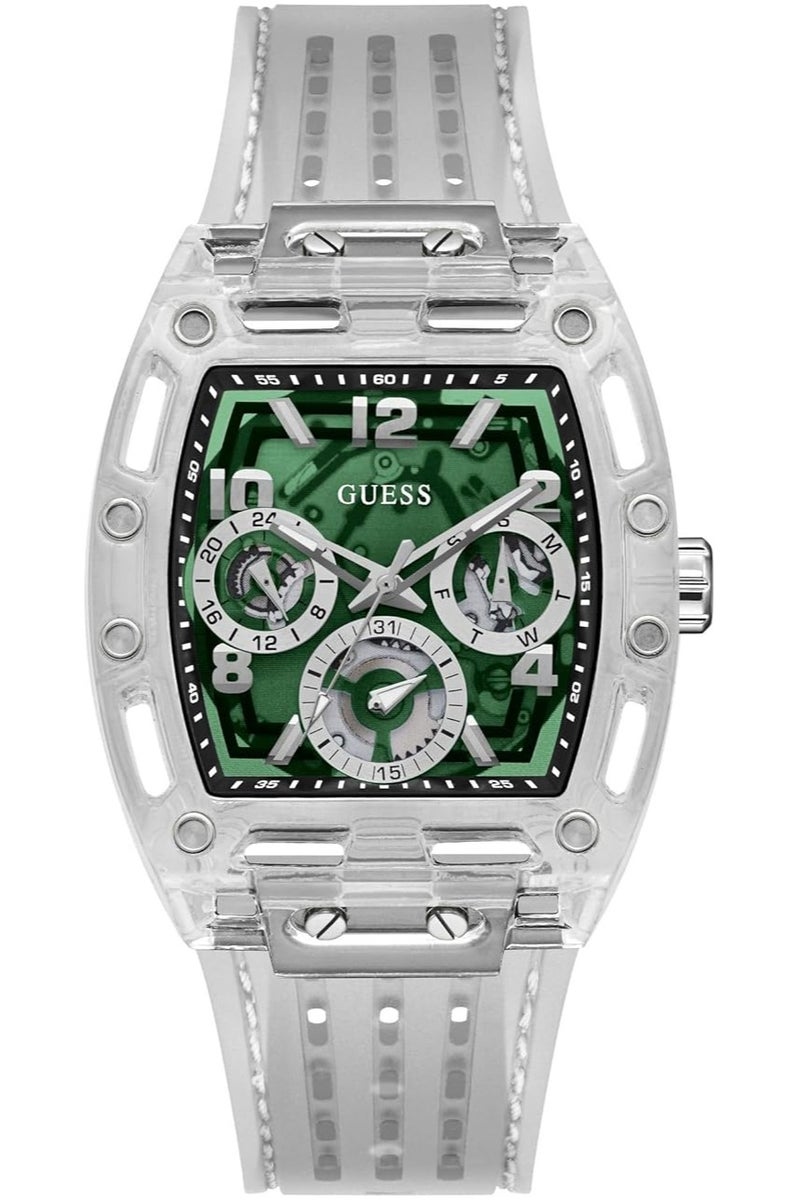 GUESS Men's 41mm Watch - Clear Strap Green Dial Clear Case - Image 1