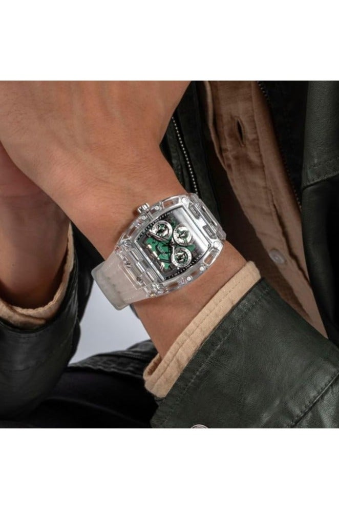 GUESS Men's 41mm Watch - Clear Strap Green Dial Clear Case - Image 4