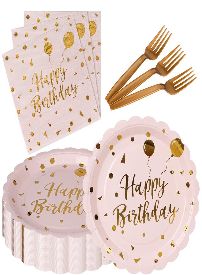 Ohkishly 105PCS Happy Birthday Plates and Napkins Party Supplies, Scalloped Paper Plates and Napkins with Forks Tableware Set for Birthday, Serve 35 (Light pink) - Image 1
