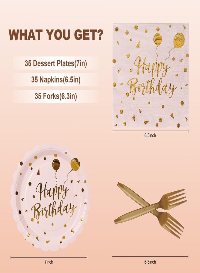Ohkishly 105PCS Happy Birthday Plates and Napkins Party Supplies, Scalloped Paper Plates and Napkins with Forks Tableware Set for Birthday, Serve 35 (Light pink) - Image 2