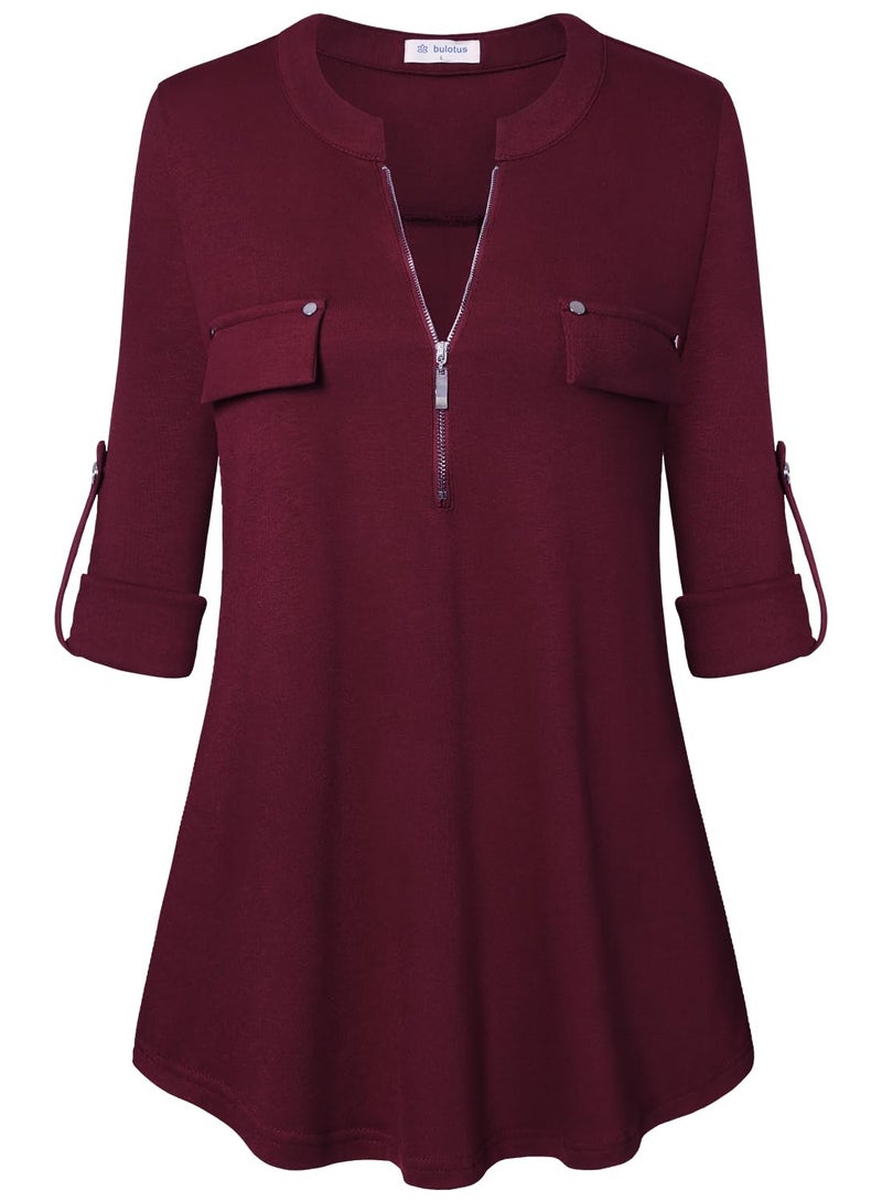 Bulotus Fall Tops for Women 2025, Womens 3/4 Length Sleeve Tunics for Work Business Casual Dressy Tops to Wear with Leggings Work Blouses for Office Professional, Burgundy, L - Image 1