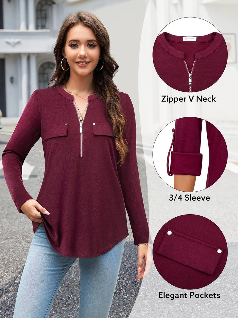 Bulotus Fall Tops for Women 2025, Womens 3/4 Length Sleeve Tunics for Work Business Casual Dressy Tops to Wear with Leggings Work Blouses for Office Professional, Burgundy, L - Image 5