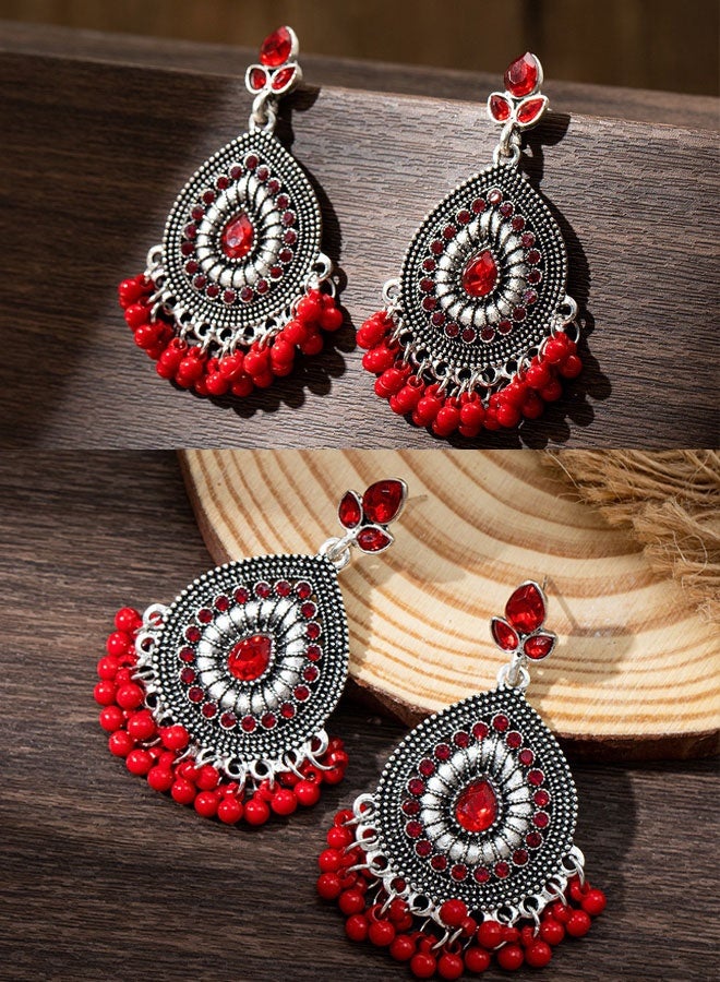 حلق فضة مؤكسدة حمراء فخم للنساء، حلق جومكا بريشة من الحبات والكريستال الهندية إثنية تقليدية - Image 1