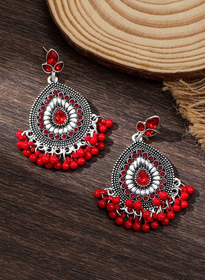 حلق فضة مؤكسدة حمراء فخم للنساء، حلق جومكا بريشة من الحبات والكريستال الهندية إثنية تقليدية - Image 3