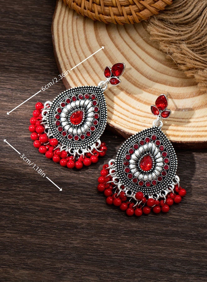 حلق فضة مؤكسدة حمراء فخم للنساء، حلق جومكا بريشة من الحبات والكريستال الهندية إثنية تقليدية - Image 5