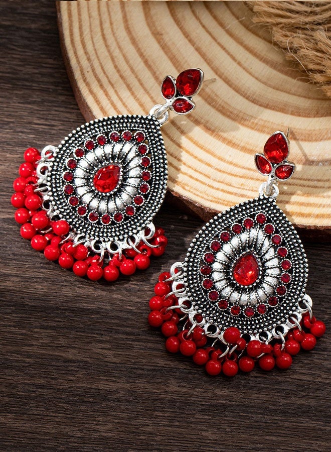 حلق فضة مؤكسدة حمراء فخم للنساء، حلق جومكا بريشة من الحبات والكريستال الهندية إثنية تقليدية - Image 4