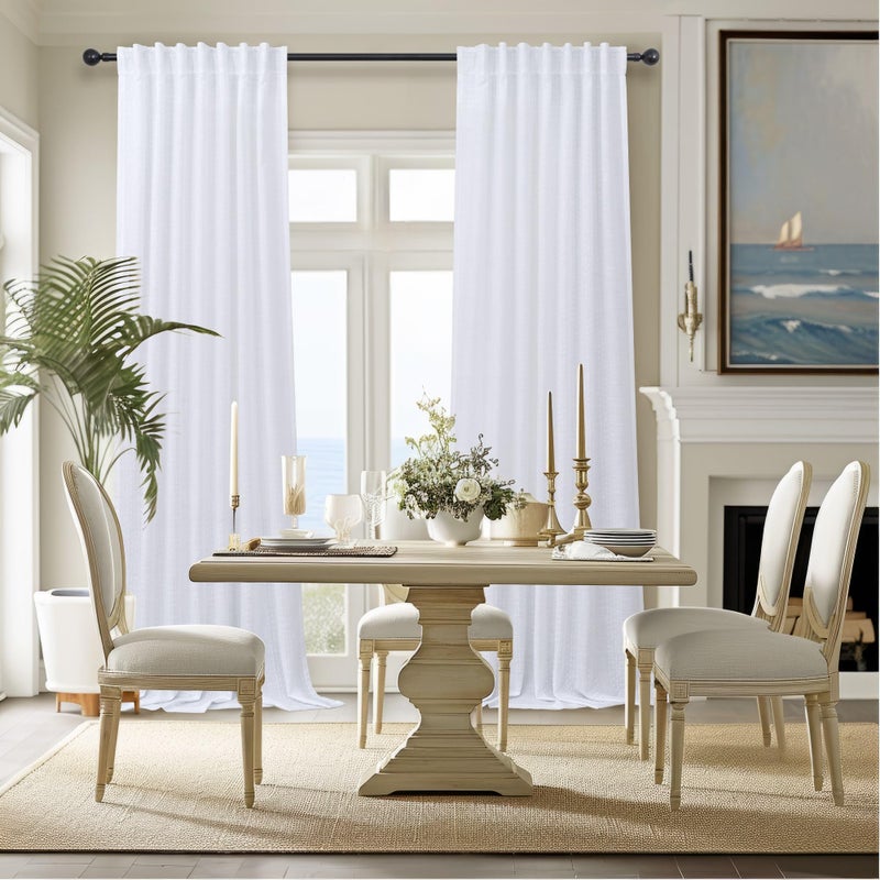 Pitalk White Linen Curtains 90 Inch Long for Living Room 2 Panels Pinch Pleated Back Tab Pocket Track Patterned Textured Country Western Fancy Pretty Cute Curtain for Bedroom Aesthetic Shabby Chic Decorative - Image 3