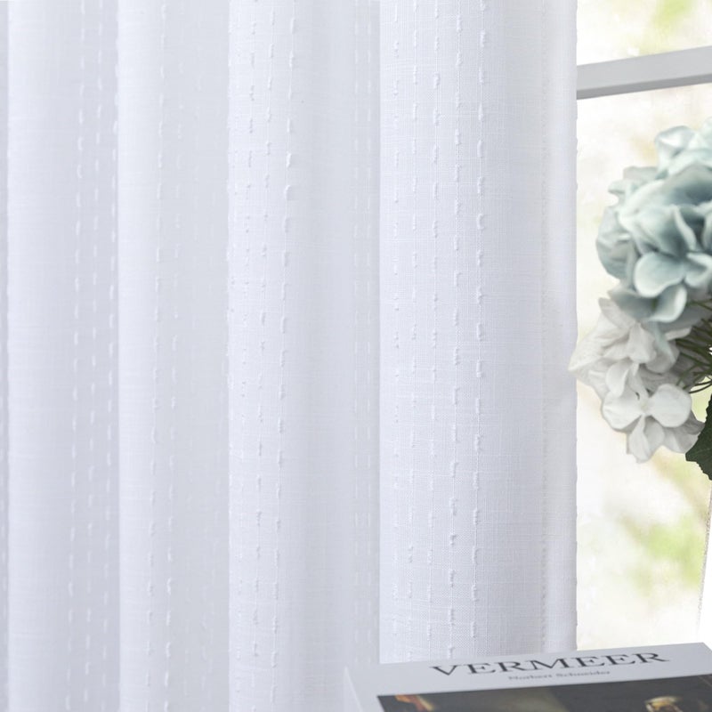 Pitalk White Linen Curtains 90 Inch Long for Living Room 2 Panels Pinch Pleated Back Tab Pocket Track Patterned Textured Country Western Fancy Pretty Cute Curtain for Bedroom Aesthetic Shabby Chic Decorative - Image 2