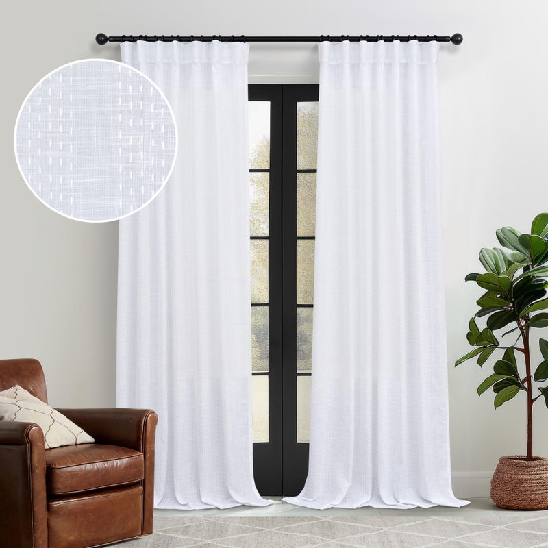 Pitalk White Linen Curtains 90 Inch Long for Living Room 2 Panels Pinch Pleated Back Tab Pocket Track Patterned Textured Country Western Fancy Pretty Cute Curtain for Bedroom Aesthetic Shabby Chic Decorative - Image 1